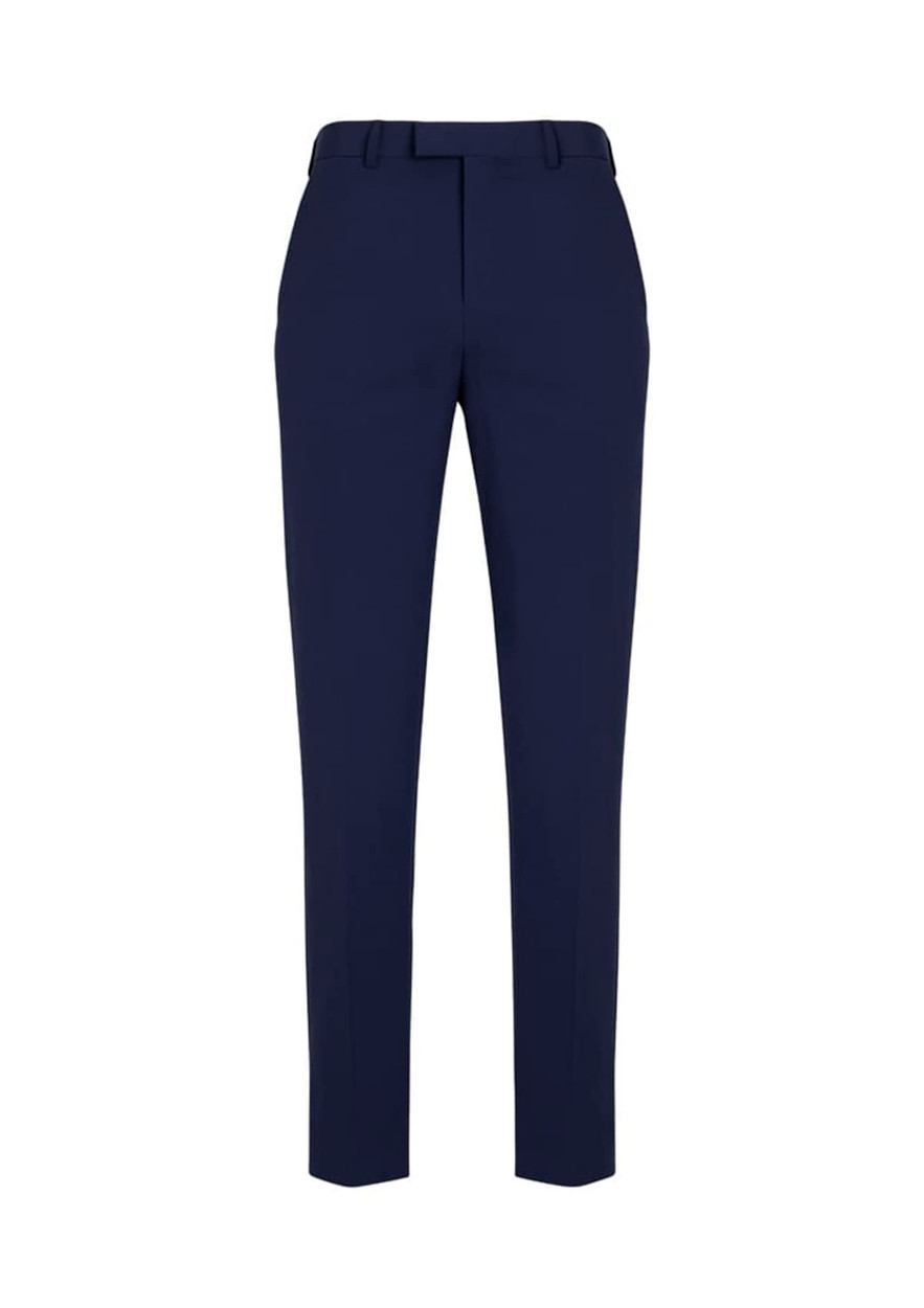 Slim fit flat front pants in navy blue, featuring a sleek design and a waistband with a logo.
