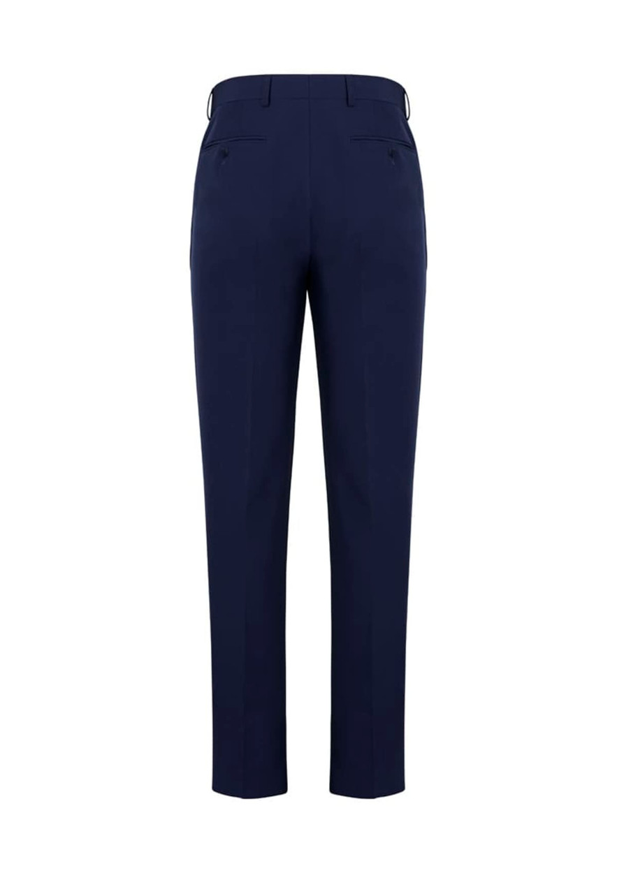 A pair of navy blue men's slim fit flat front pants with back pockets, featuring a logo on the waistband.