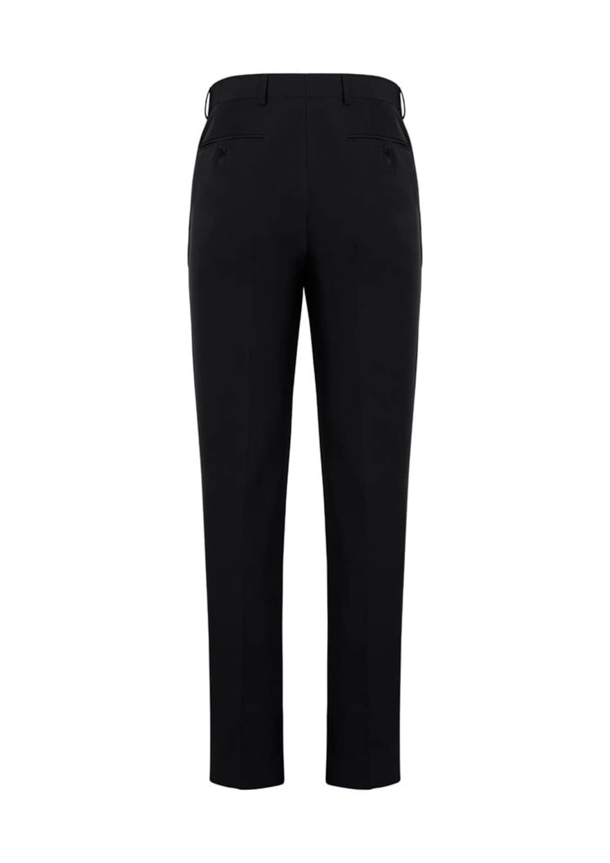 A pair of black slim fit flat front pant with back pockets, showcasing a tailored design.