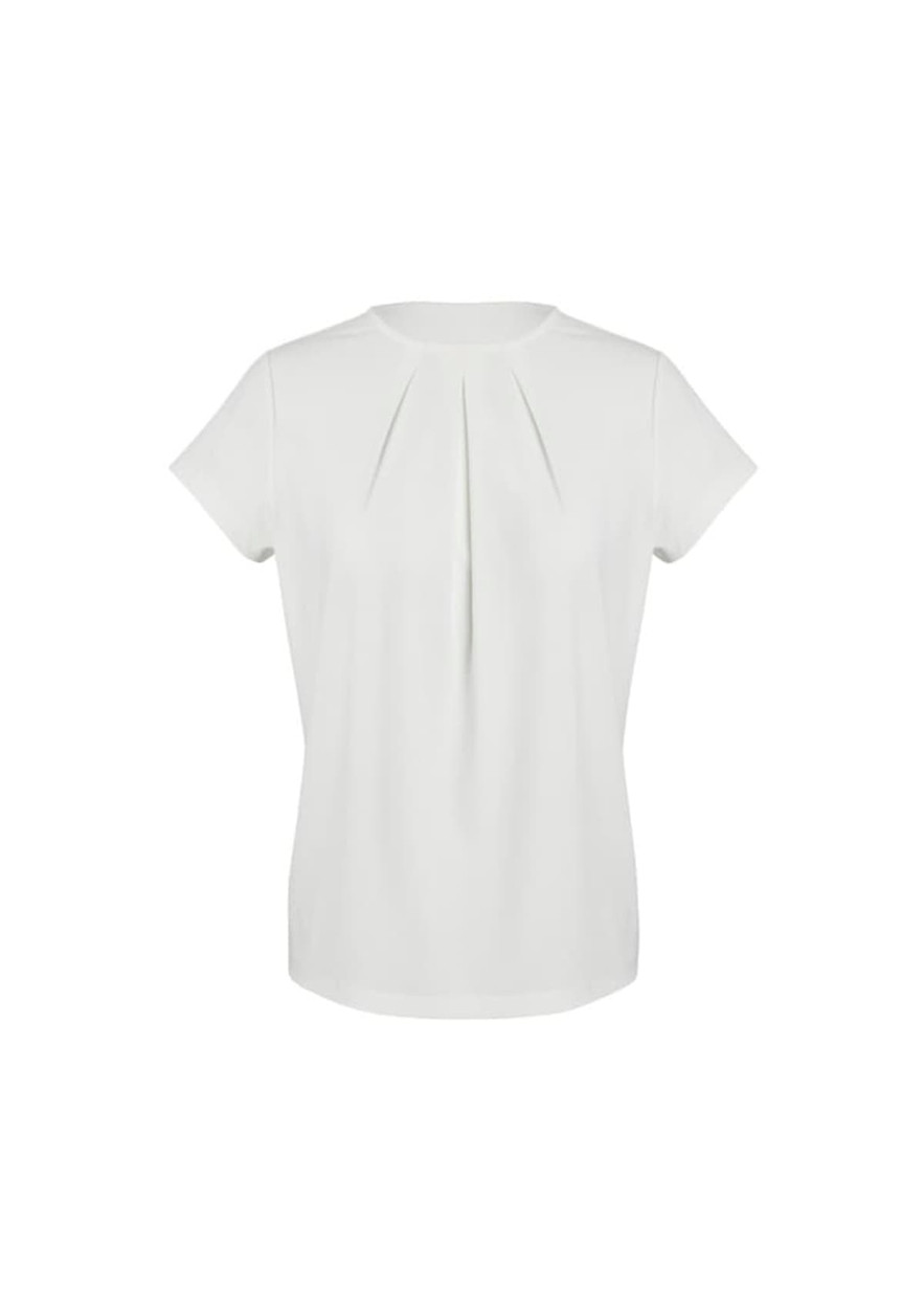 A short sleeve top in a light neutral colour with a pleated design at the front. It features a logo.