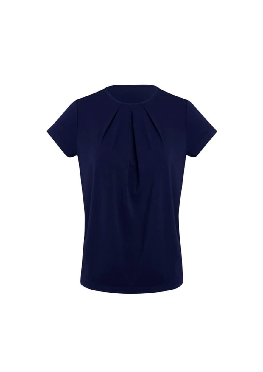 A navy short sleeve top featuring a pleat detail at the front and a round neck. It has a simple design with a logo.