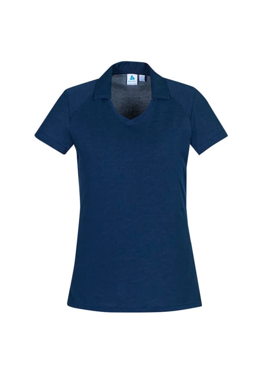A navy women's short sleeve polo shirt featuring a V-neck design and a collar. It has a logo on it.
