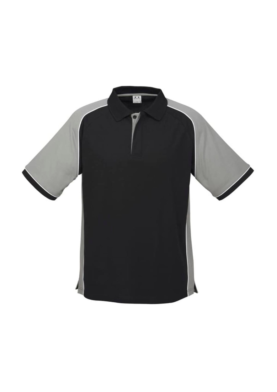 A black and grey men’s polo shirt with short sleeves and contrasting trim, featuring a logo.