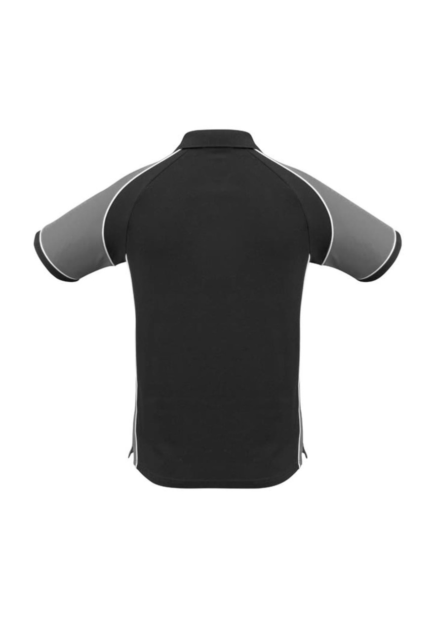 A black and grey men's polo shirt with short sleeves and a logo. Features contrasting trim and side panels.