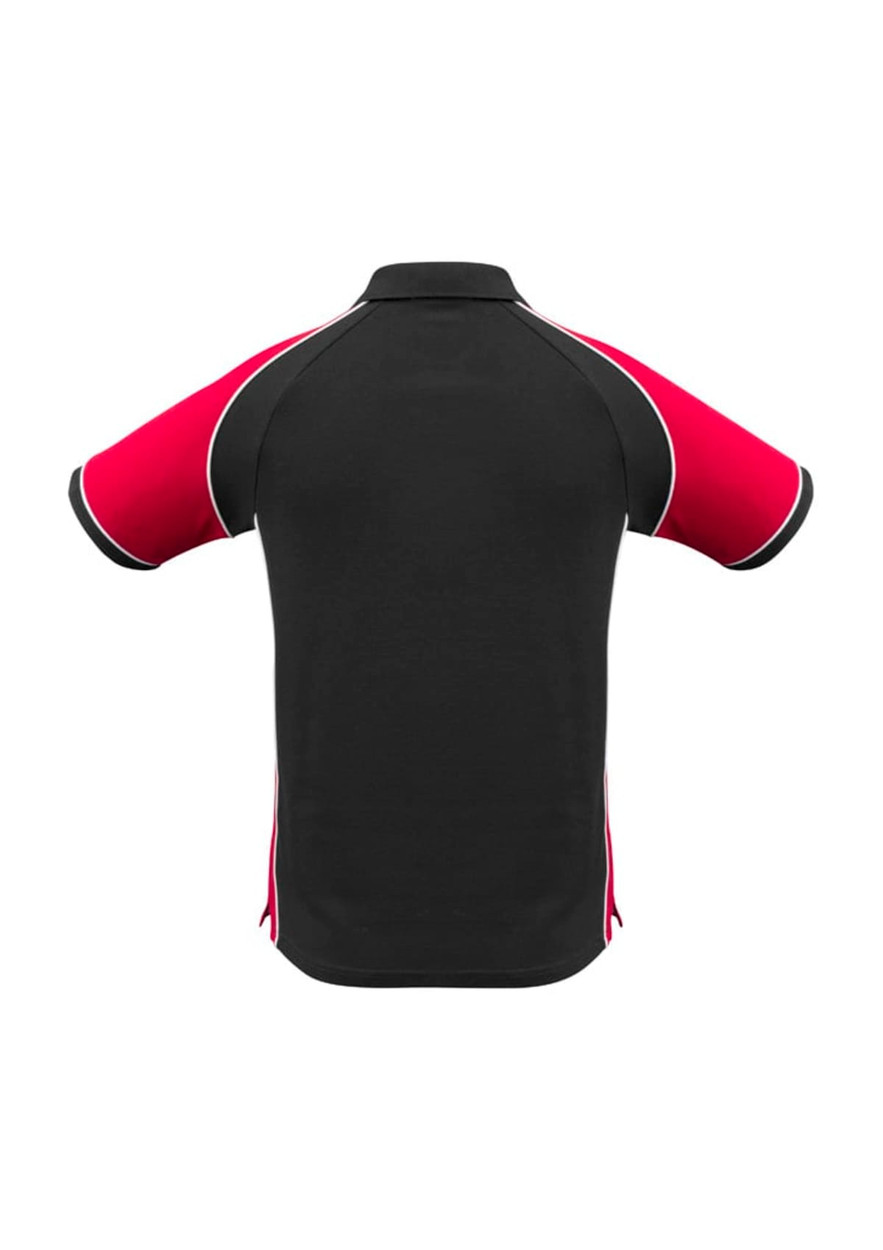 A black and red men's short sleeve polo shirt featuring contrasting piping and a logo.