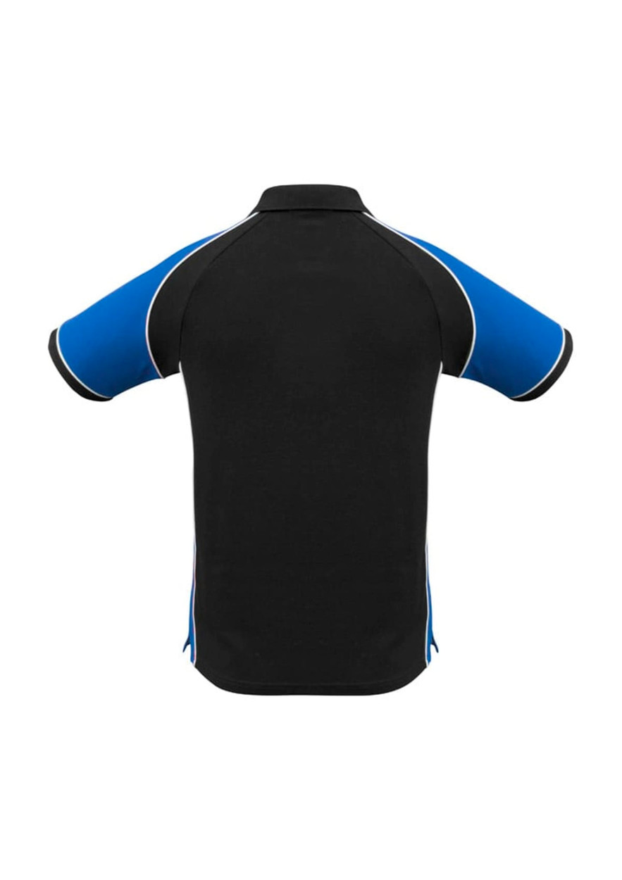 Men's polo shirt in black with blue accents and a contrasting collar. Features a logo on the front.