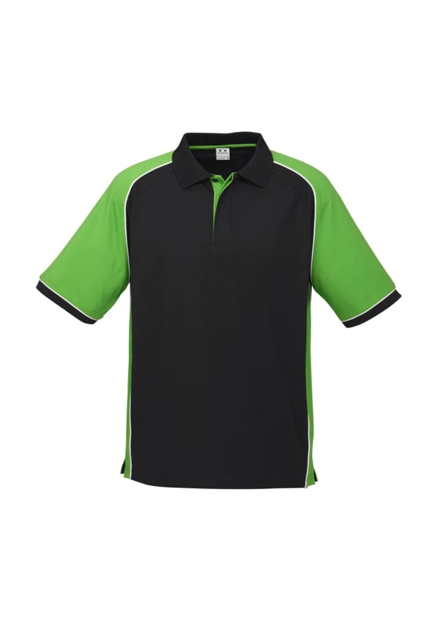 A black and green men's short sleeve polo shirt with contrasting trim and a logo.