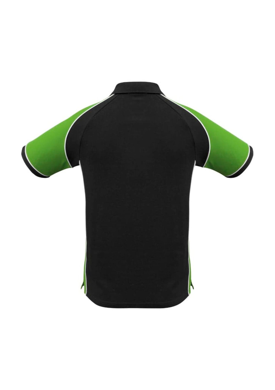 A black polo shirt with green sleeves and accents, featuring a standard collar and logo.