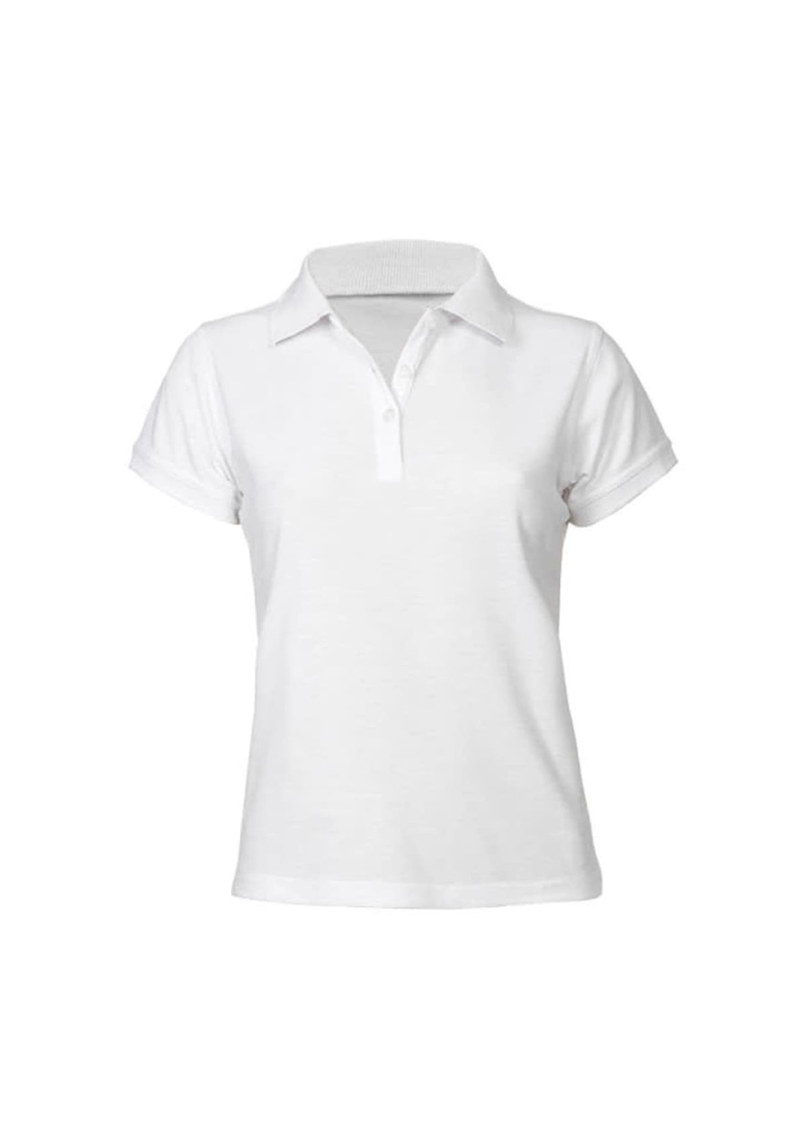 A white women's short sleeve polo shirt with a collar and rolled sleeves, featuring a logo.