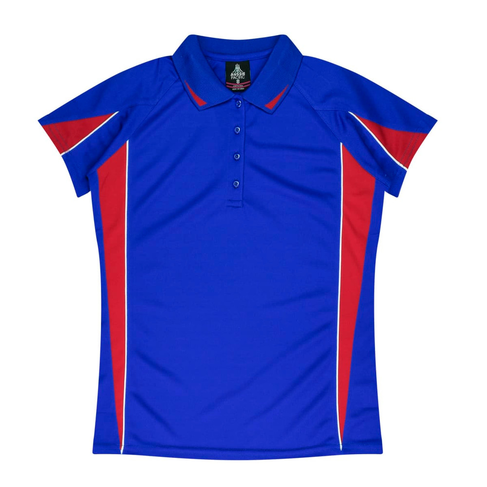 A blue polo shirt with red and white accents, featuring a collar and a button-up front. It has a logo on the label.