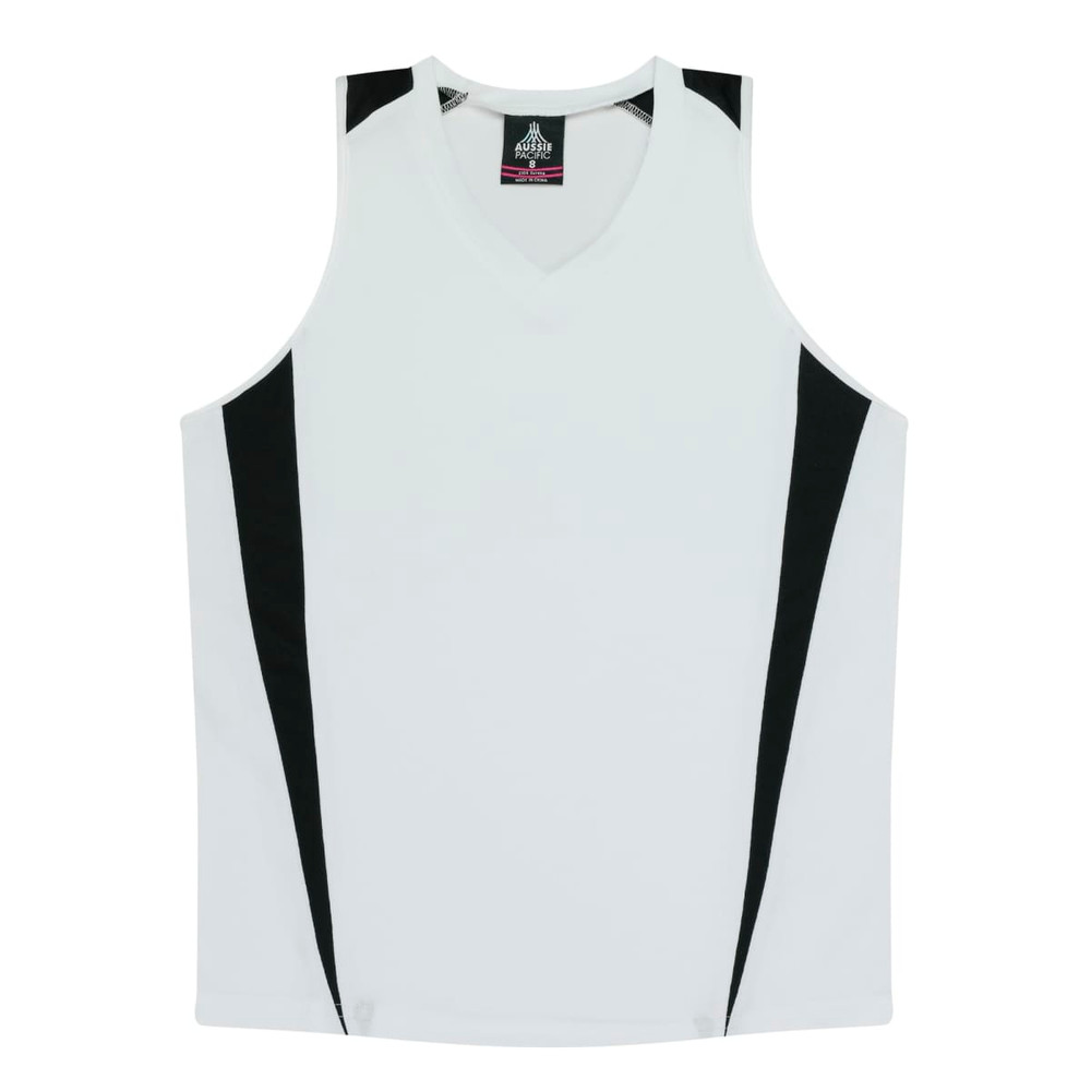 A white singlet with black accents and a v-neck design. The garment has a logo.