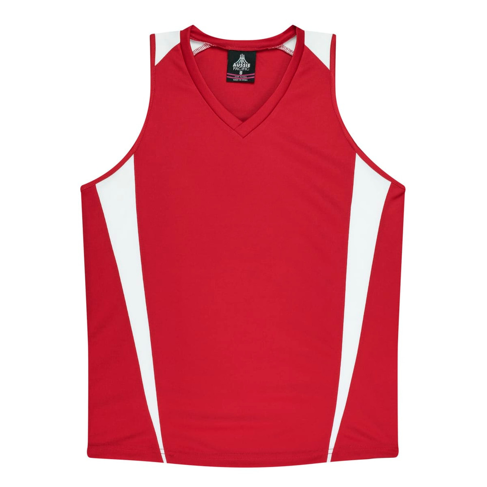 A red singlet with white panels on the sides and a V-neck design. The singlet features a logo.