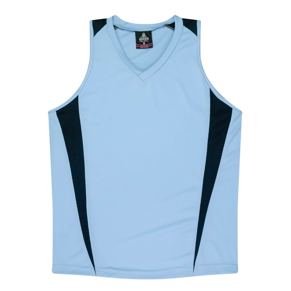 Light blue singlet with black side accents and a v-neck design, featuring a logo on the label.
