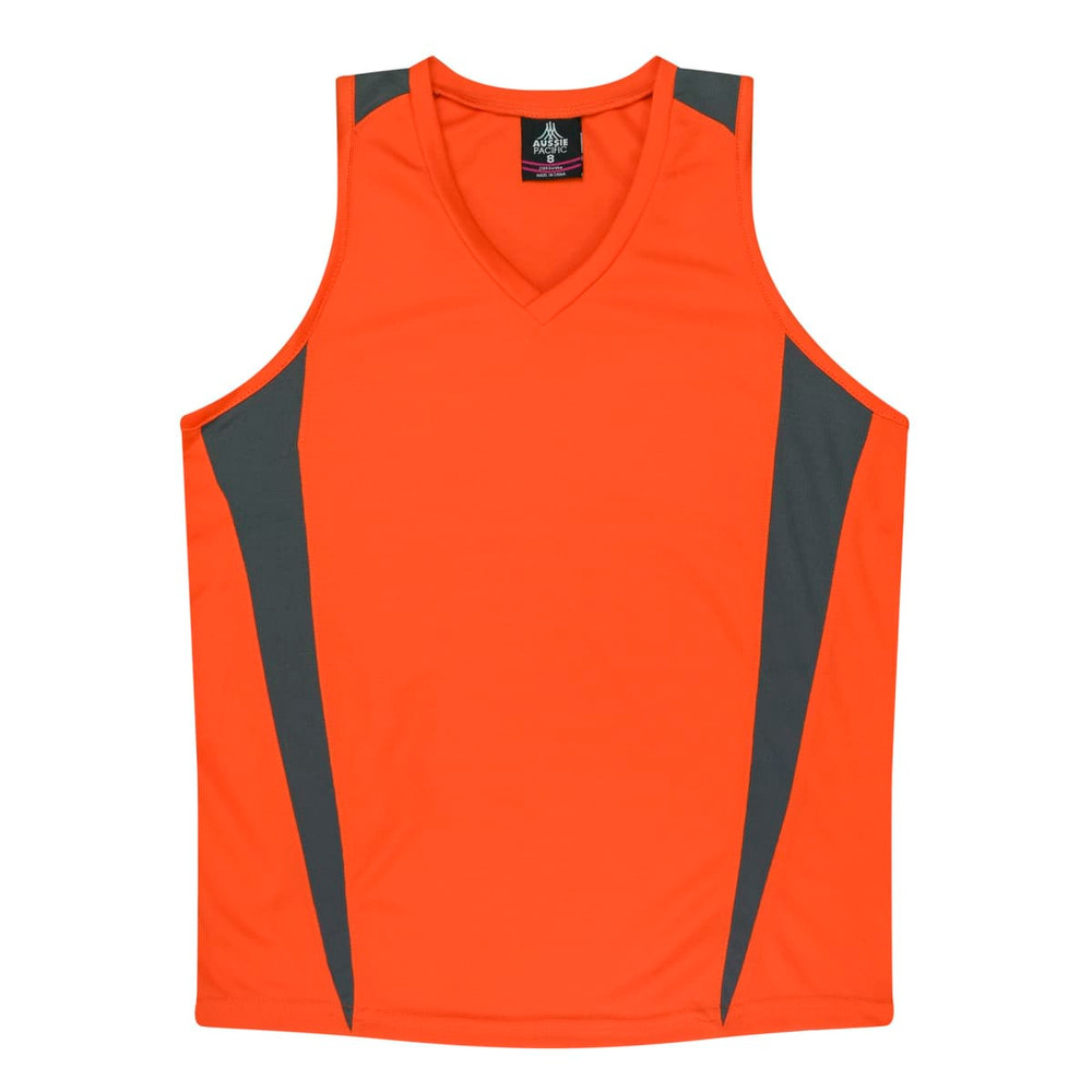 An orange singlet with grey side panels, featuring a logo at the neckline.