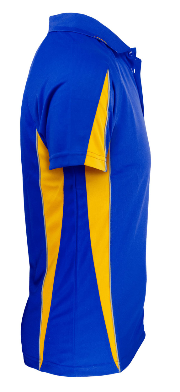 A blue polo shirt with yellow side panels and a collar, featuring a logo on the chest.