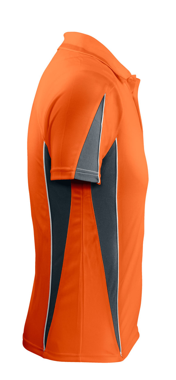 An orange polo shirt featuring grey highlights and a logo on the chest, displayed from the side.