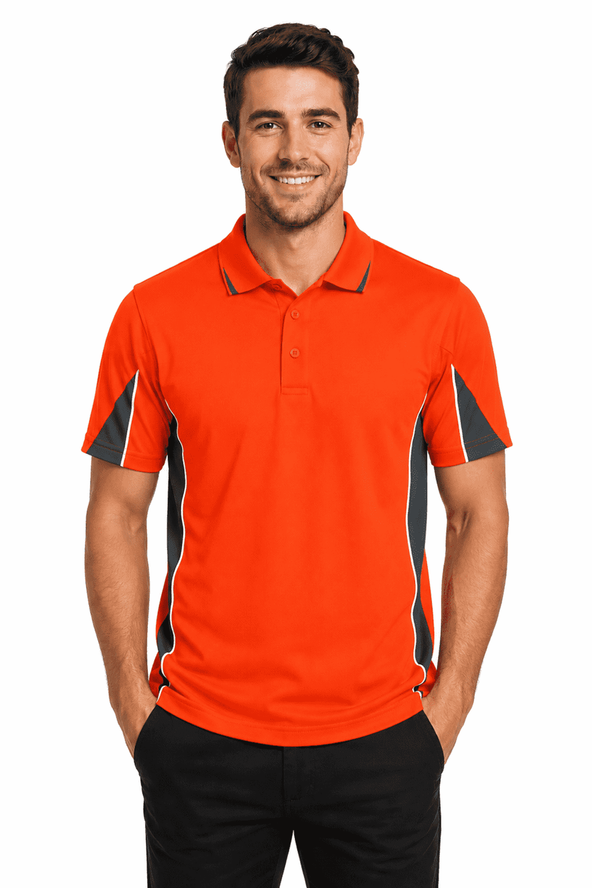 A men's polo shirt in bright orange with grey accents, featuring a collar and short sleeves. It has a logo.