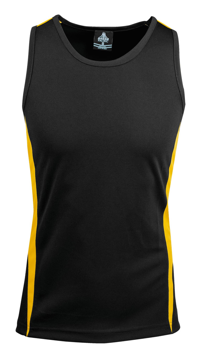 A black singlet with yellow side panels, featuring a logo on the neckline. Ideal for casual and active wear.