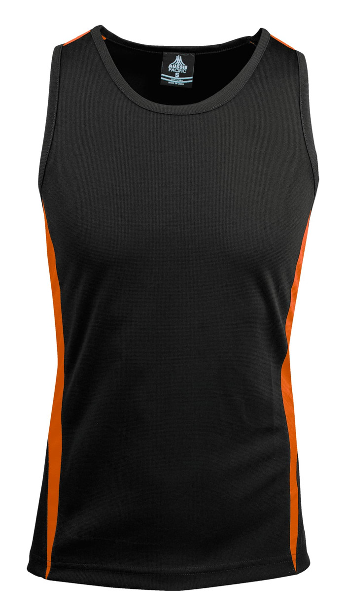 A black singlet with orange side panels and a logo on the neckline.