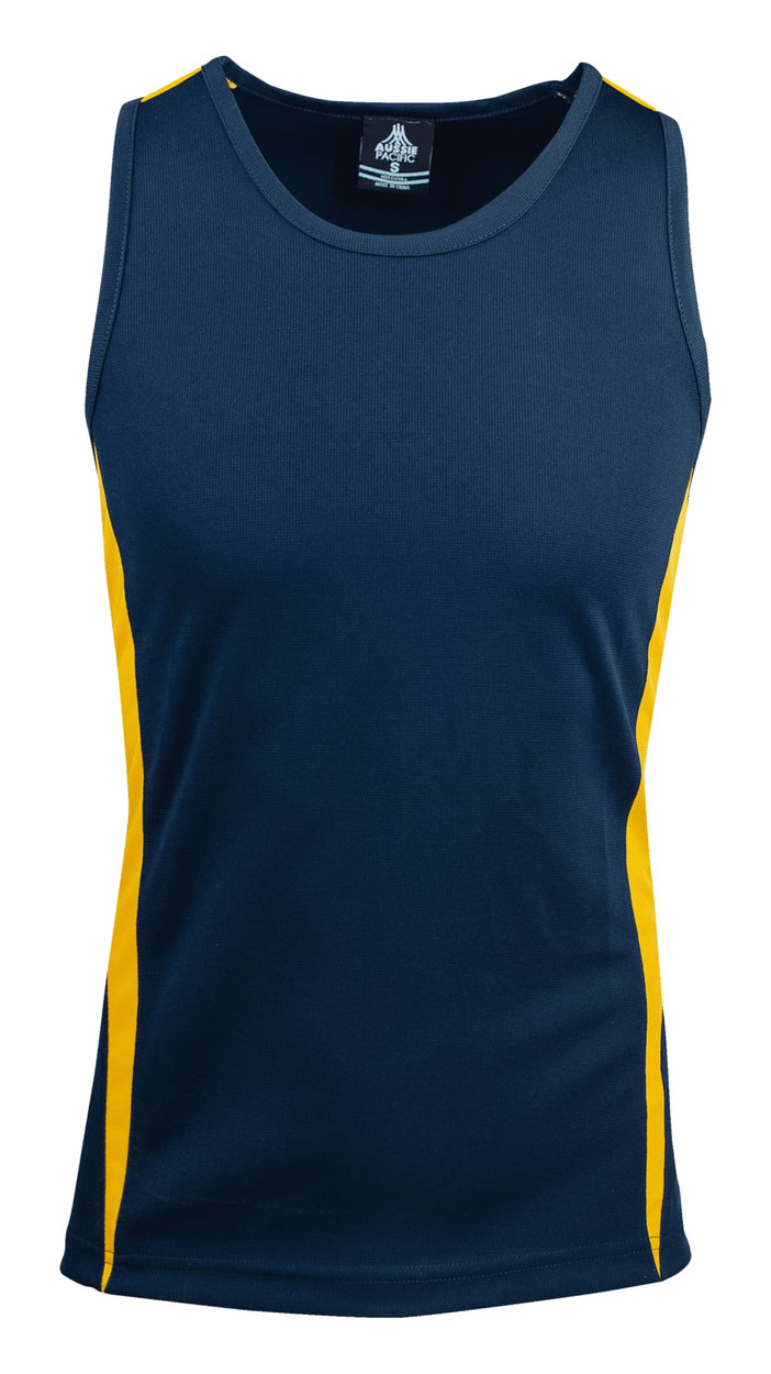 A navy blue singlet with yellow side panels and a logo on the neckline. Suitable for casual wear or sports.
