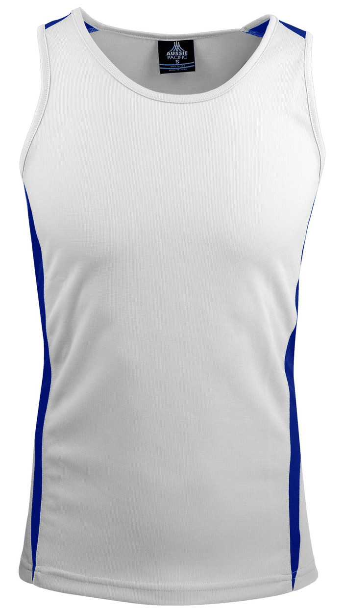 A white singlet with blue side accents and a logo on the neckline.