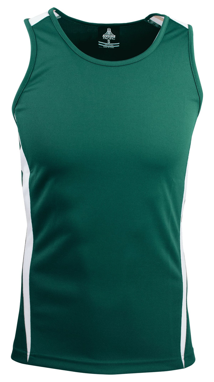 A green men's singlet with white side panels and a logo on the inside tag.