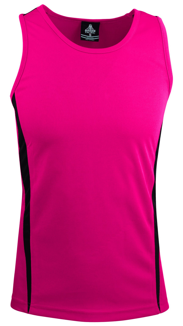 A bright pink men's singlet with black side panels and a logo on the neckline.