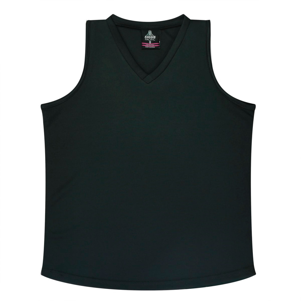 A dark green singlet featuring a V-neck design, displayed flat on a white background. It includes a logo.