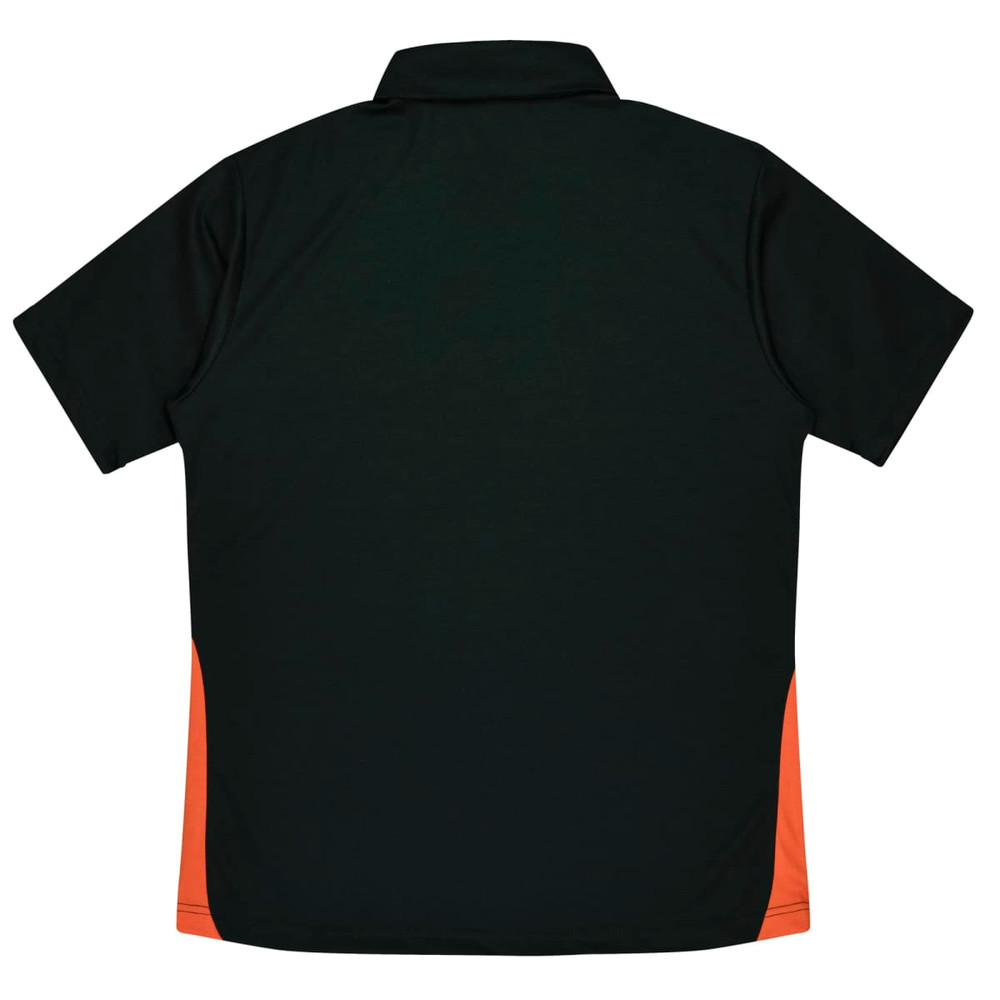 A dark green polo shirt with orange side panels and a collar. Features a logo on the chest area.