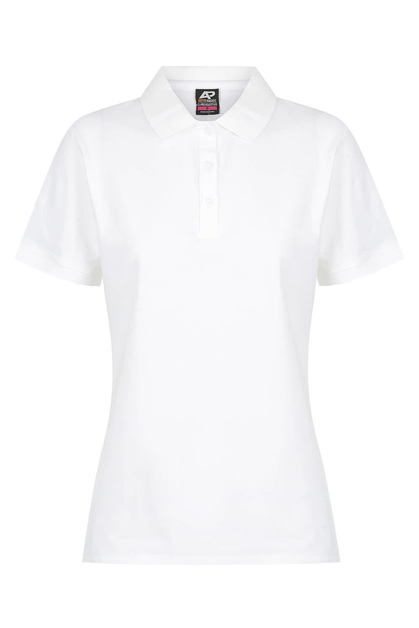 A white women's polo shirt with a collar and placket, featuring a branding logo.