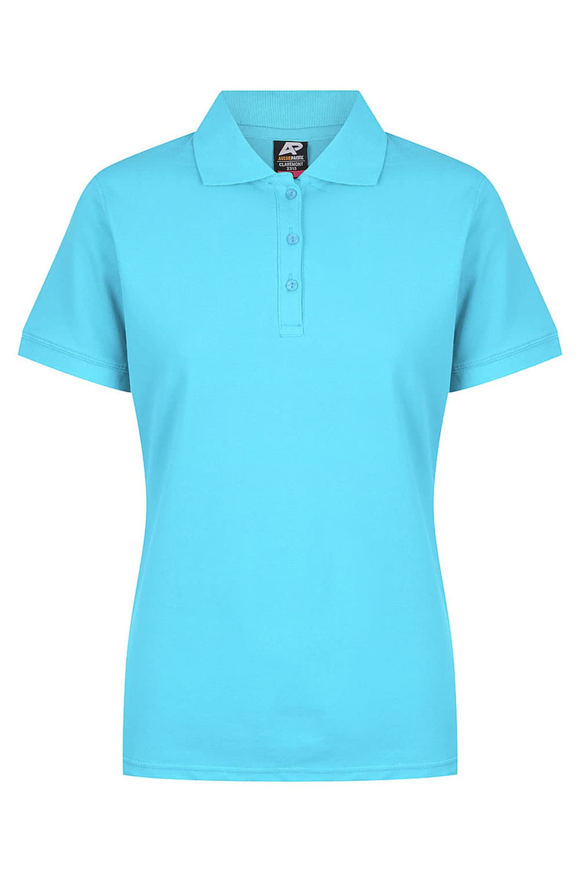 A turquoise polo shirt with a collar and three-button placket, featuring a logo on the upper left side.