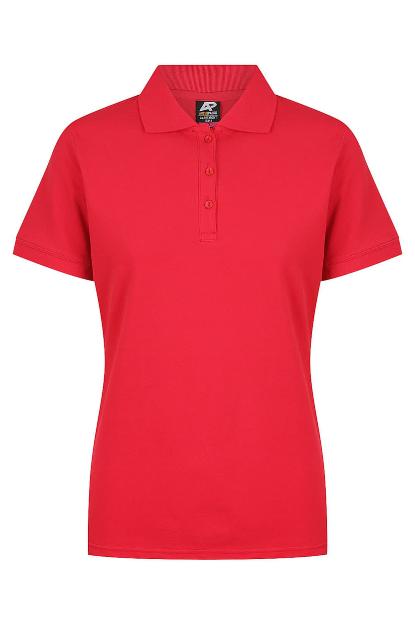 A red polo shirt with a collar and button placket, featuring a logo on the label.