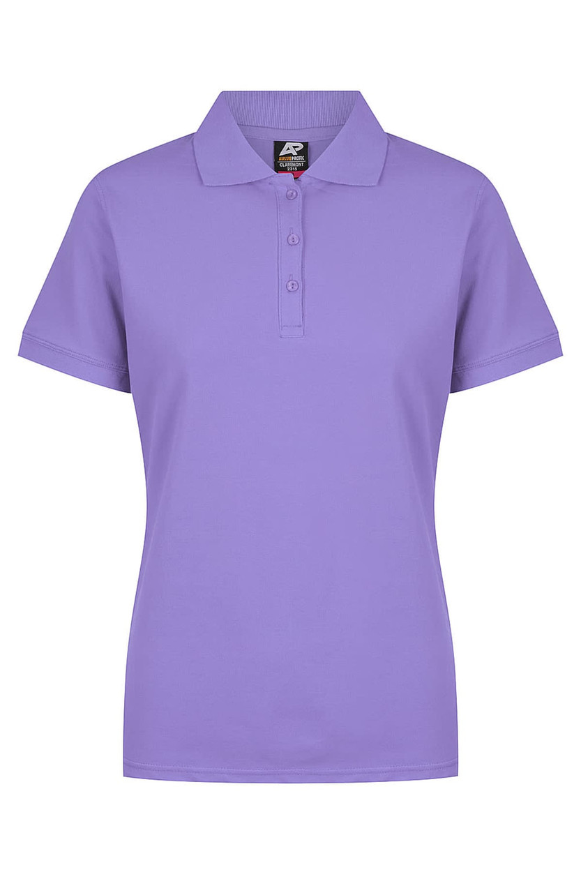 A purple polo shirt with a collar and short sleeves, featuring a branded tag.