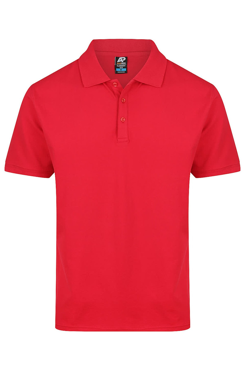 A red polo shirt with a collar and three buttons, featuring a small logo on the label.