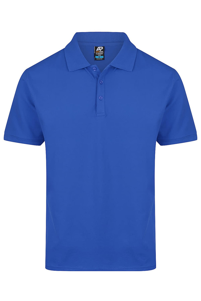 A blue polo shirt featuring a collar, short sleeves, and a three-button placket, with a logo on the label.