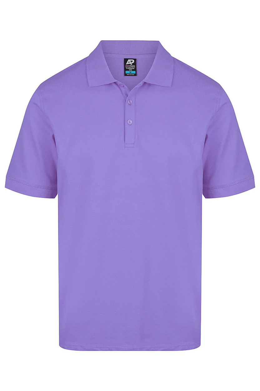 A short-sleeved polo shirt in a light purple shade, featuring a collar and a logo.