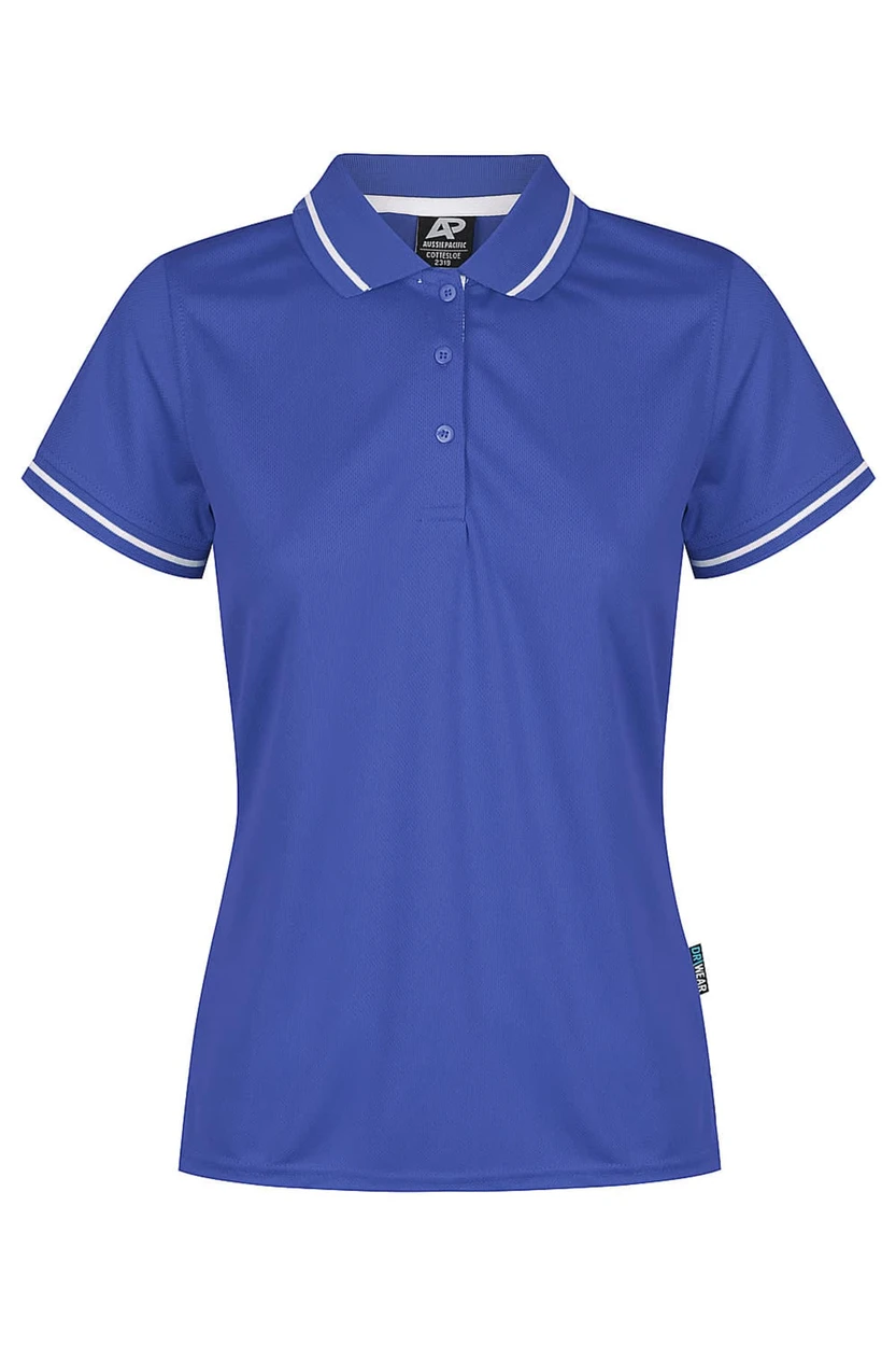 A blue women's polo shirt featuring a collar, three buttons, and contrasting white trim. It has a branded label.