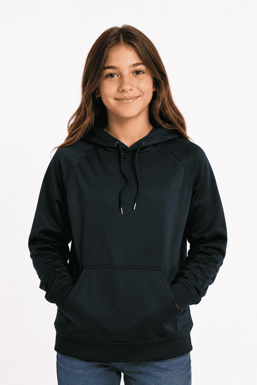 A black hoodie featuring a front pocket and a drawstring hood, modelled by a girl.