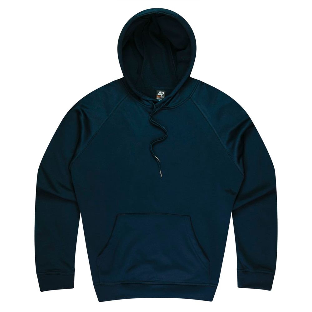 A dark navy hooded jumper featuring a front pocket and a drawstring. It has a logo on the interior.