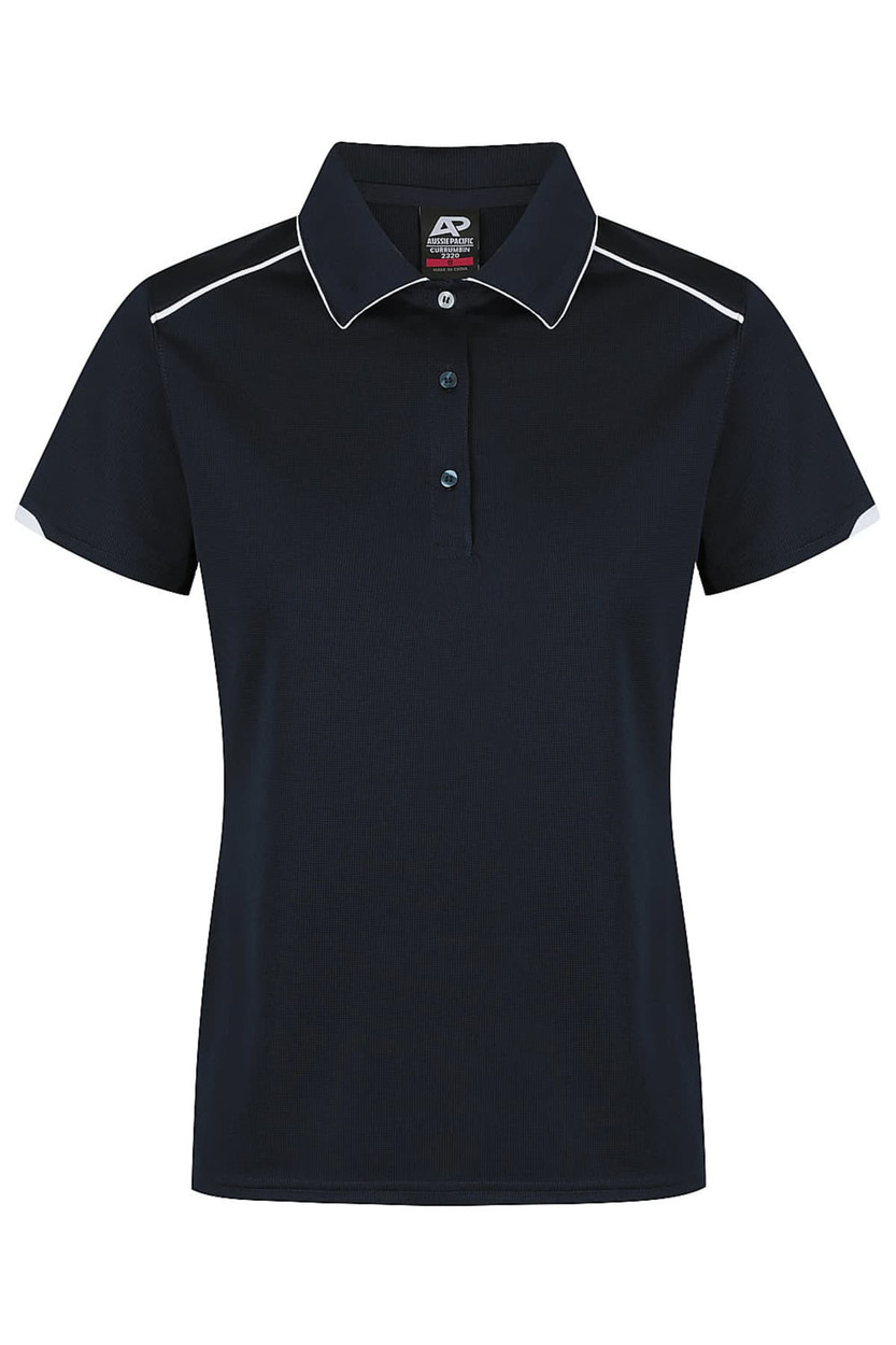 A navy blue polo shirt featuring a collar, buttons, and contrasting white accents. It has a brand logo.