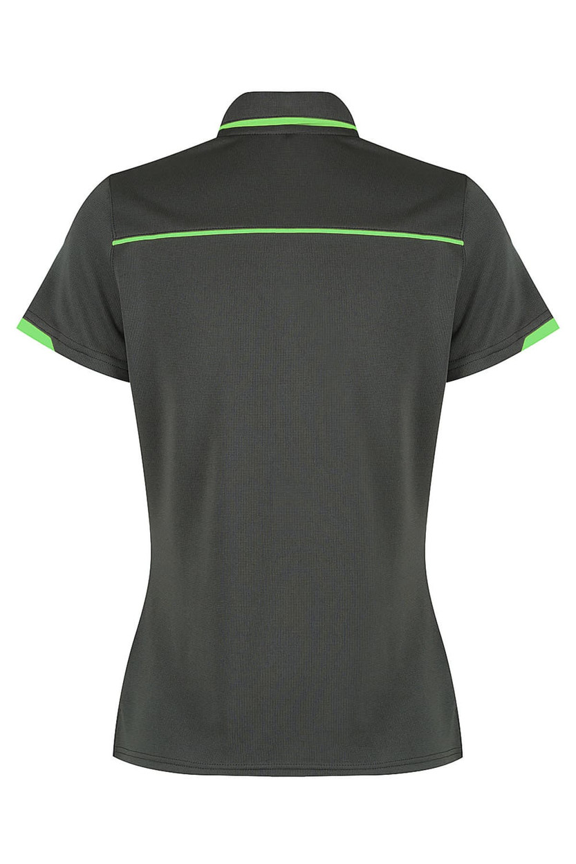 A dark green polo shirt featuring vibrant green accents and a logo. The back view displays a sleek design.