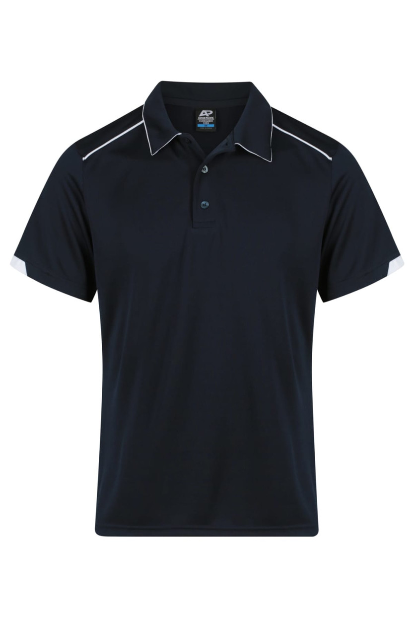 A navy polo shirt with white detailing and a logo, featuring a classic collar and short sleeves.
