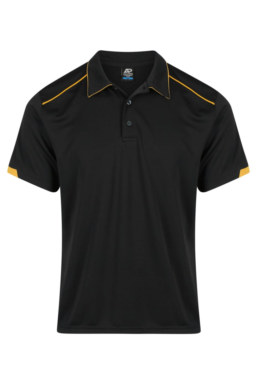 A black polo shirt with yellow accents and a logo on the chest area. Short sleeves and a classic collar design.