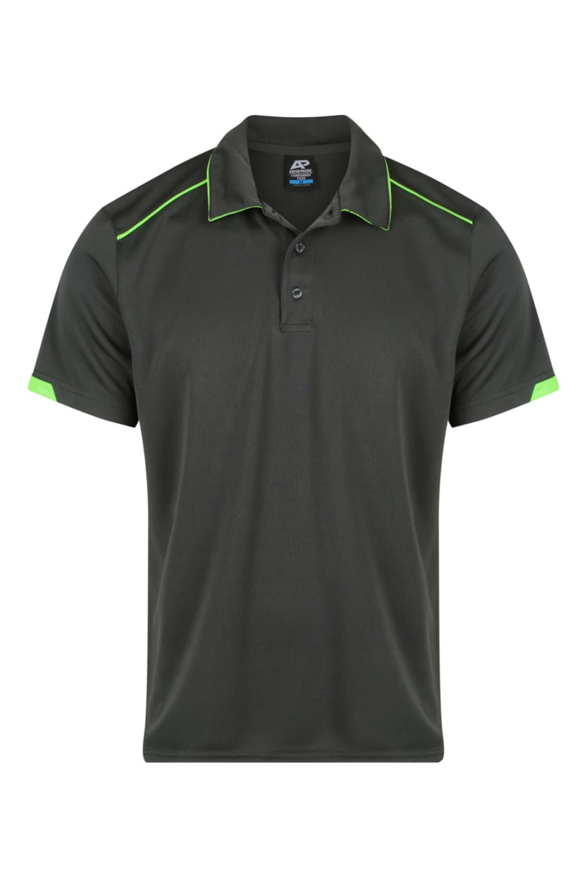 A dark green polo shirt featuring bright green accents and a logo on the chest.