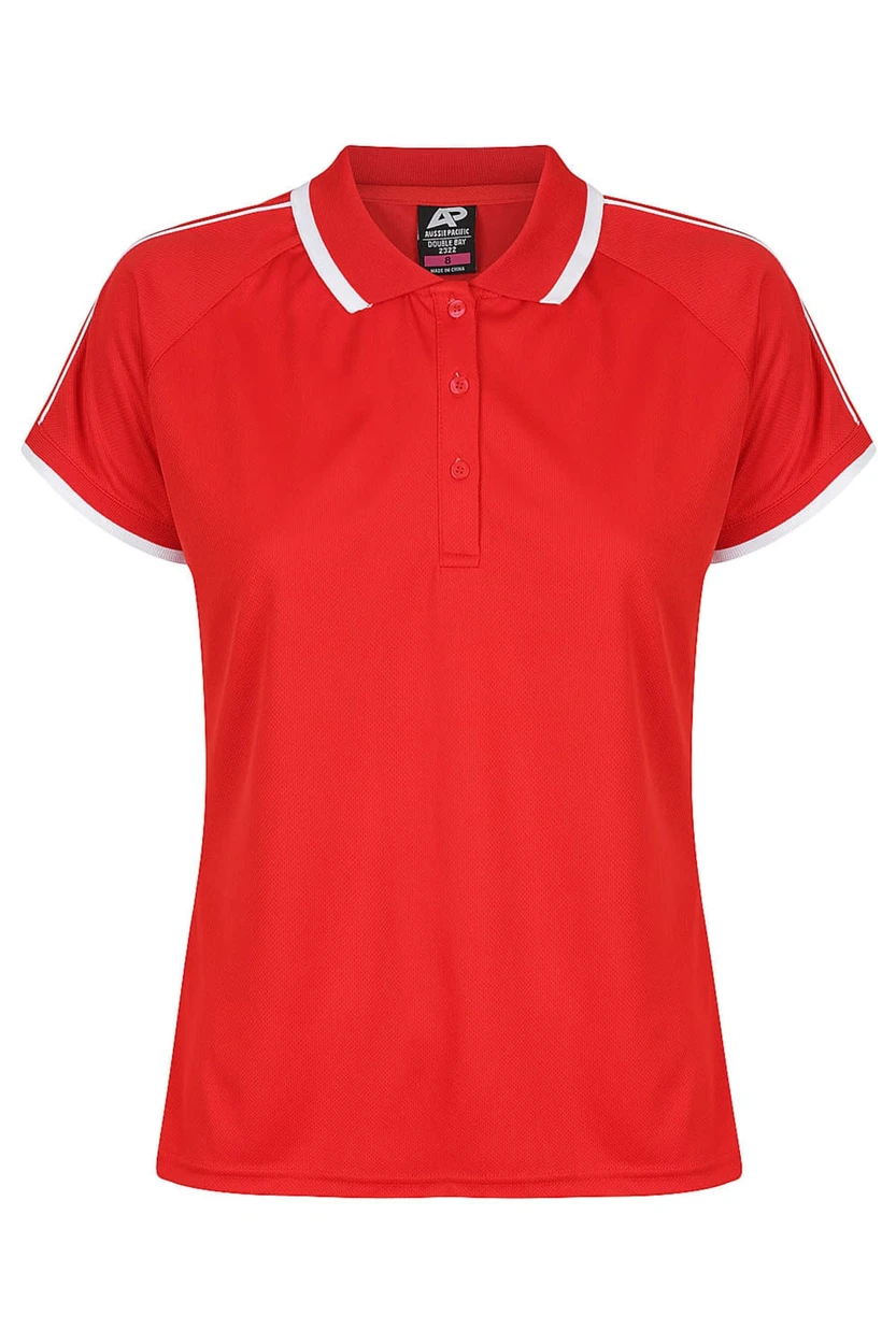 A red polo shirt with white accents and a three-button placket. It features short sleeves and has a logo.