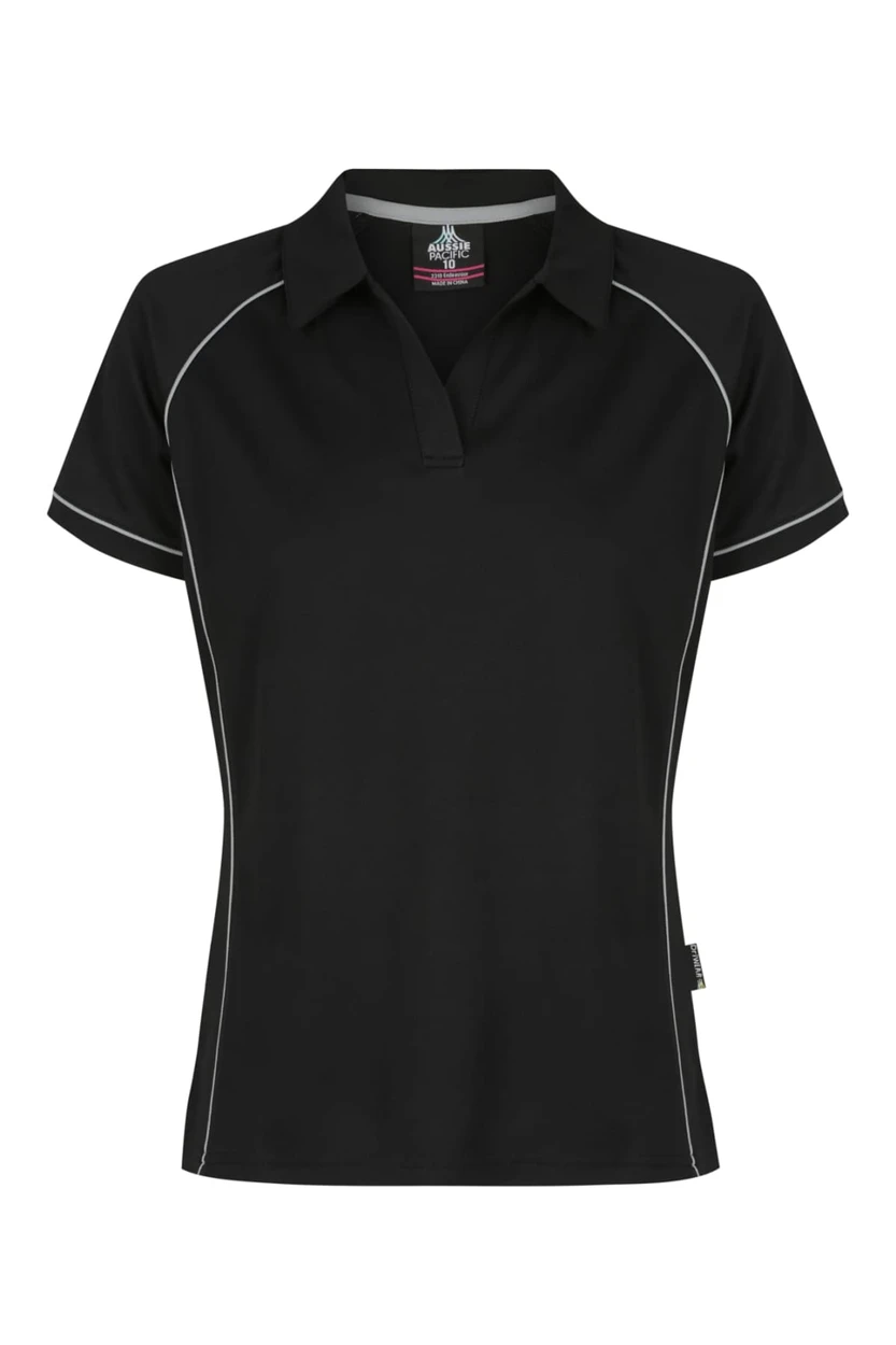 A black polo shirt featuring contrasting piping and a logo. Designed for women's wear with a classic fit.