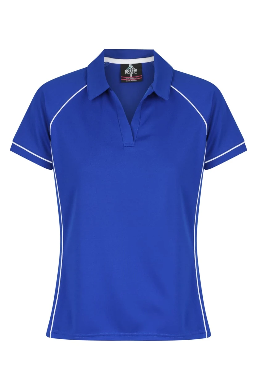 A blue polo shirt designed for women, featuring a classic collar and contrasting piping details. It has a logo on the label.