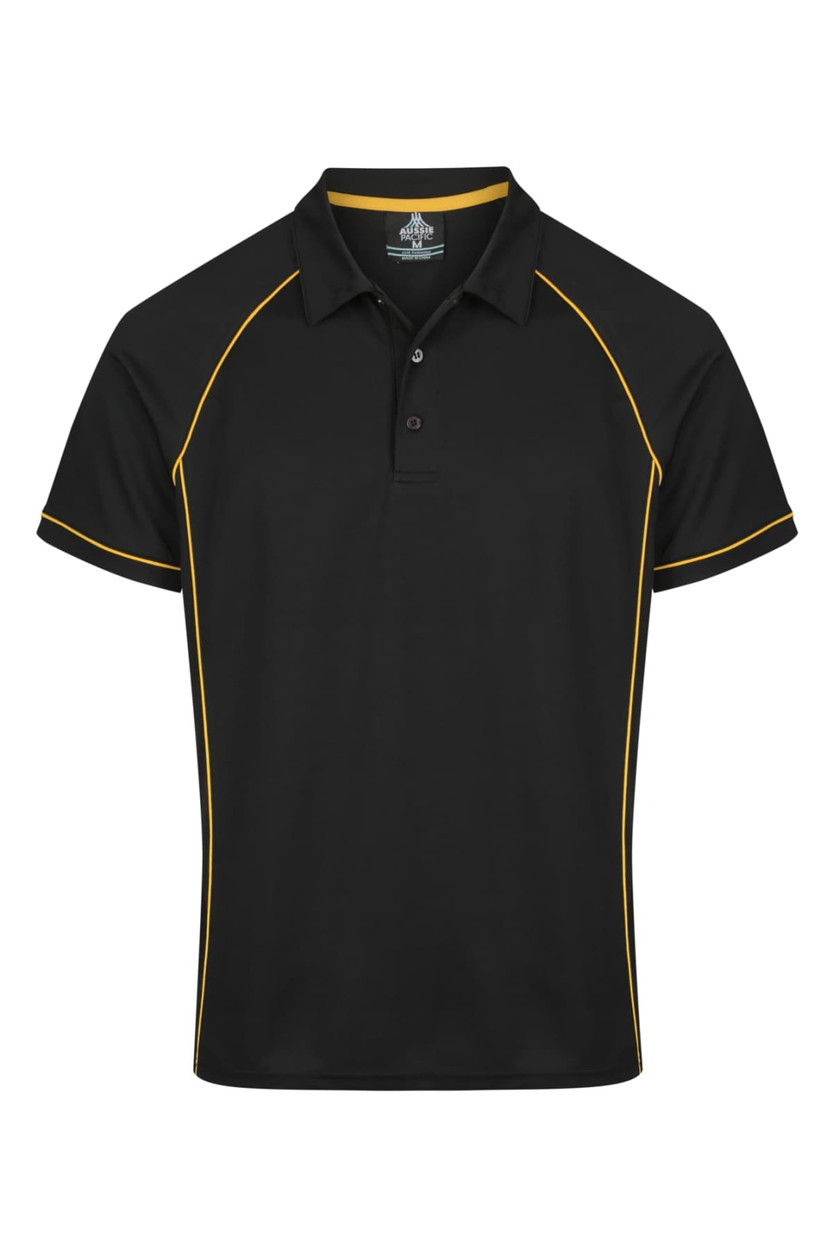 A black polo shirt with yellow accents and a logo on the chest. Short-sleeved design, featuring a classic collar.