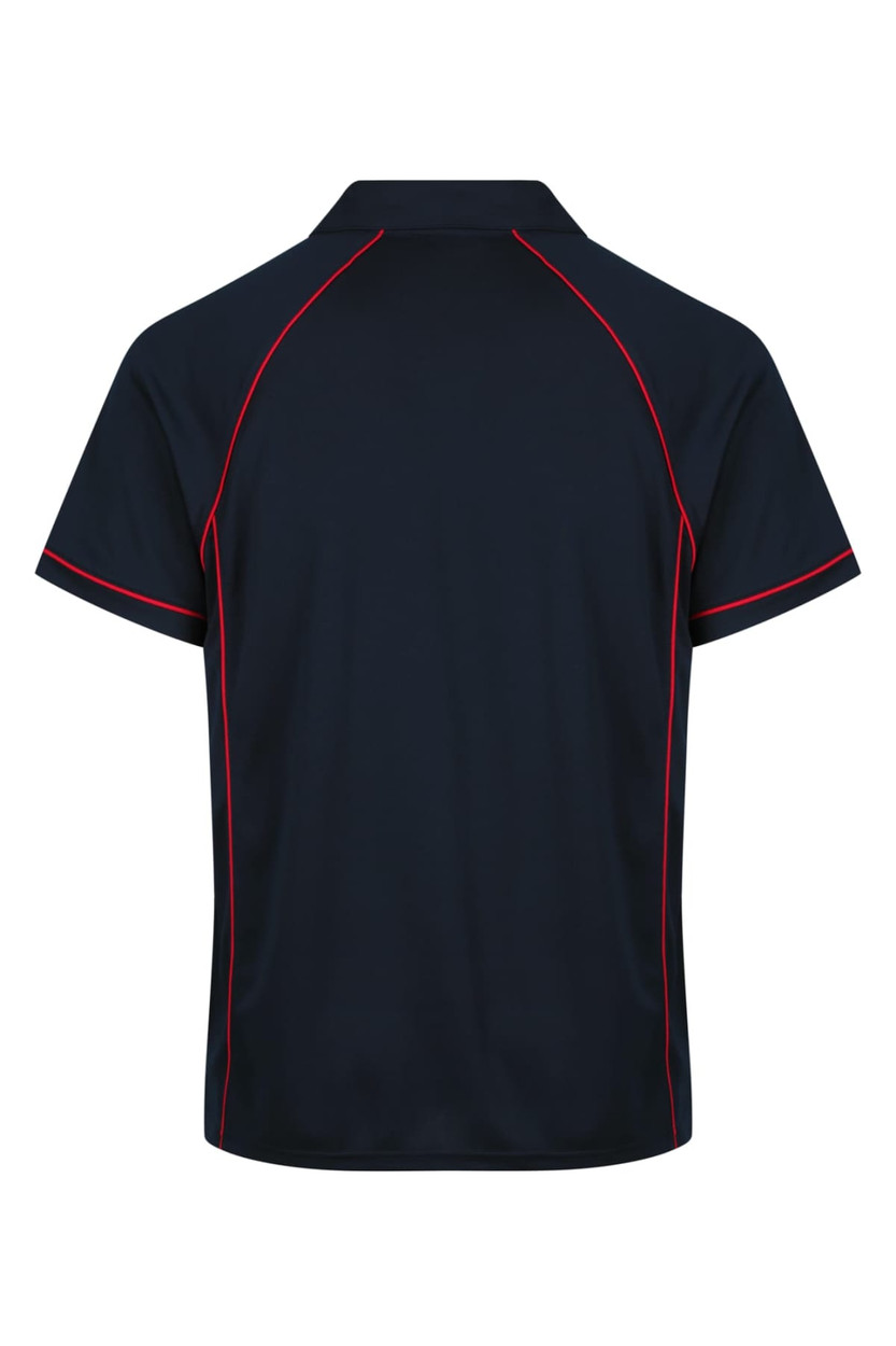 A navy polo shirt with red piping details and a logo on the front. Features a classic collar and short sleeves.