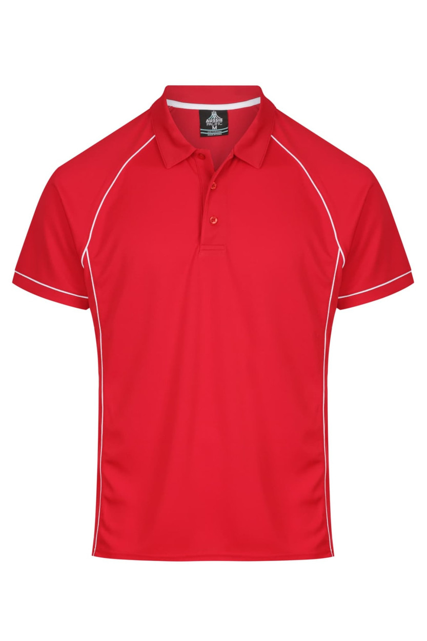 A vibrant red polo shirt with white piping and a collar, featuring a logo on the upper portion.